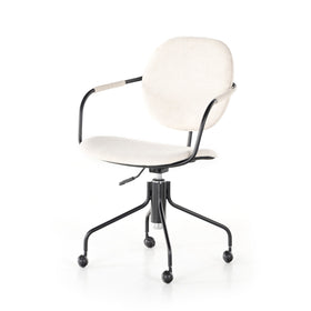 Cream Colored Upholstered Swivel Desk Chair with Black Iron Base