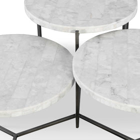 3 Tier Cocktail Table, white marble tops, on a forged iron base in a gunmetal silver finish.