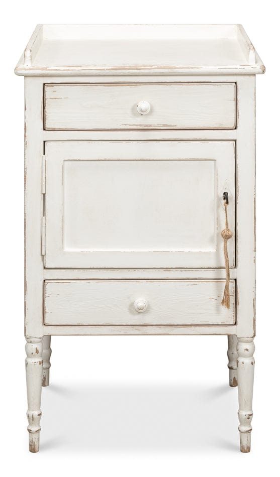 Rustic, distressed style nightstands, in left and right. Reclaimed wood, antique white paint