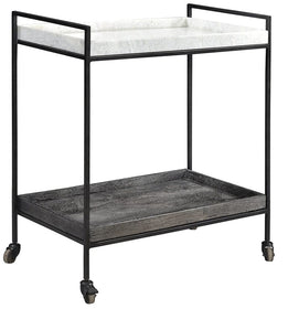 Black Iron Bar Cart with Marble and Wooden Trays