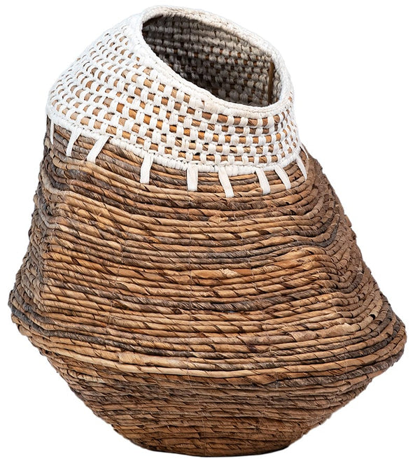 Natural Brown Rattan Basket with White Accents