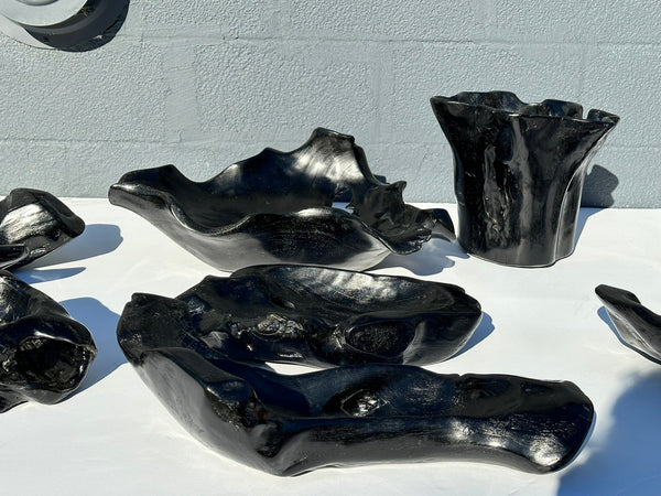 Organic Shaped Teak Bowls & Platters in High Gloss Black