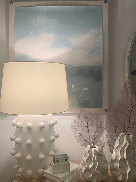 Hamptons Lighting, White polka dot lamp and abstract print