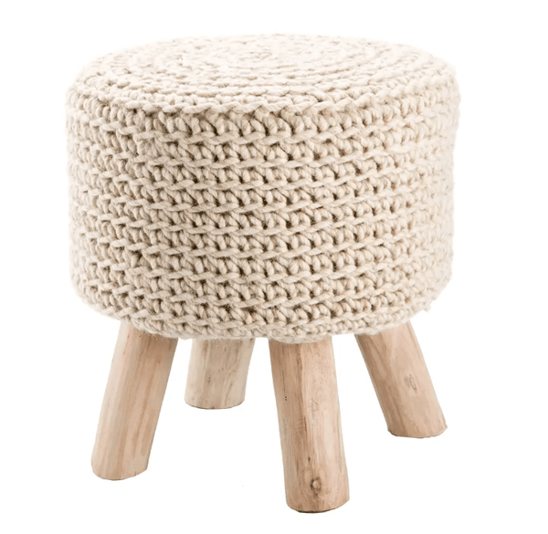 Woven Wool Stool on Natural Wood Legs