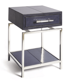 Nightstand with Single Drawer on Nickel Base in Blue Leather