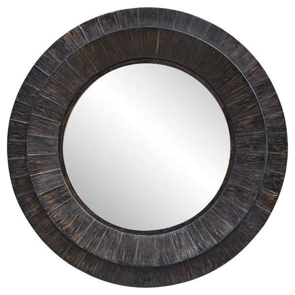 Round Mirror in Dark Wood with a Carved Finish
