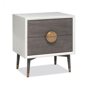Bedside Chest, with brushed brass hardware and a grey wash oak finish.
