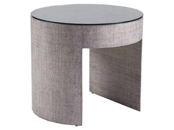 Raffia covered side table with glass top
