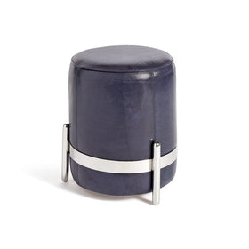 Navy Blue Leather Stool with Polished Nickel