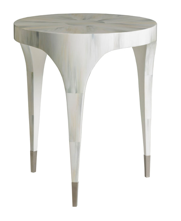 Side Table w faux horn in a white/gray bone coloration and stainless finished ferrules.