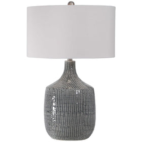 Distressed Blue-Gray Table Lamp with Linen Shade