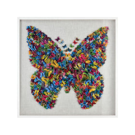 3 DIMENSIONAL BUTTERFLY COLLAGE ARTWORK IN WHITE FRAME ON LINEN