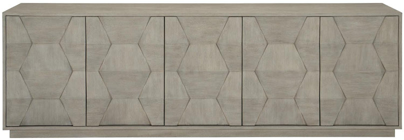 Entertainment Credenza or Sideboard with wire-brushed, cerused oak veneers in a faceted design.