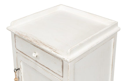 Rustic, distressed style nightstands, in left and right. Reclaimed wood, antique white paint
