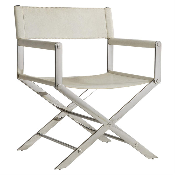White, hair on hide directors chair with Chrome Frame
