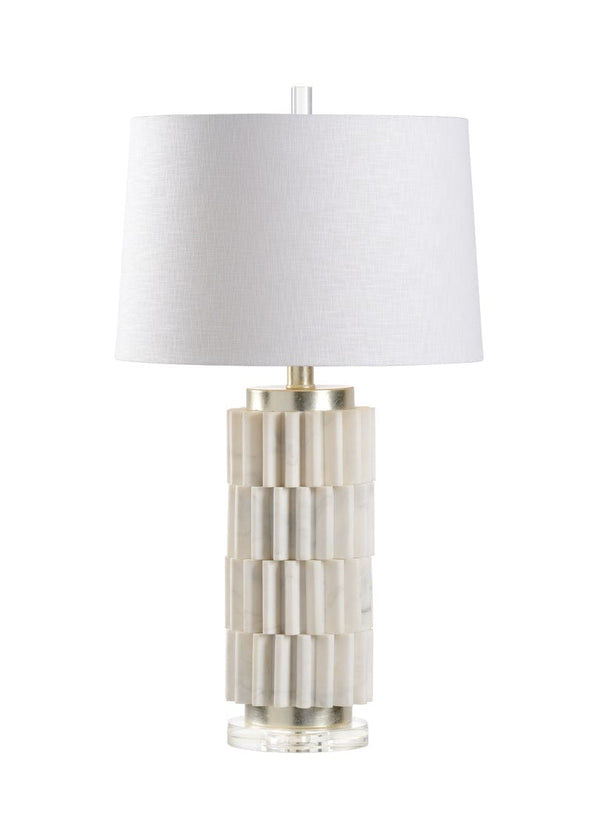 Cog Lamp in White Marble, on acrylic base and white shade