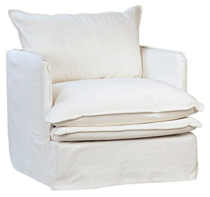 white slip covered armchair with double pillow seat