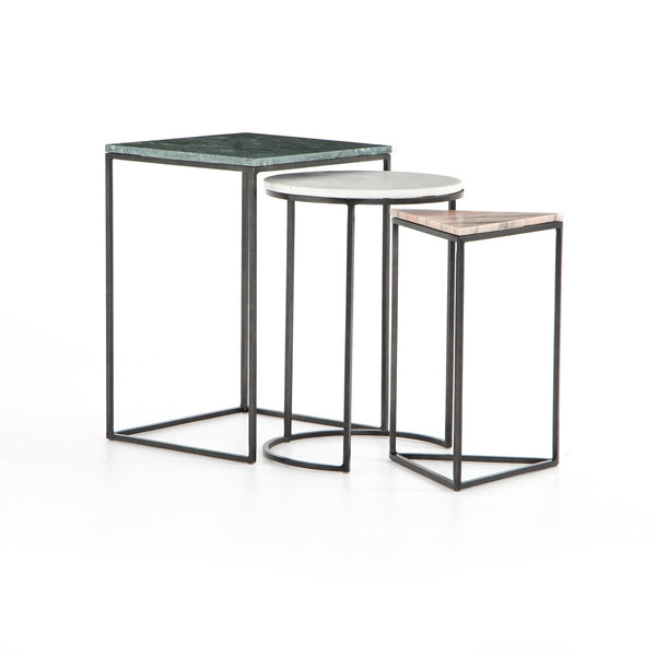Trio of Nesting Marble End Tables in Variety of Shapes and Colors