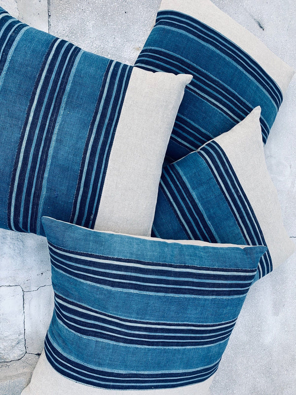 Large Blue and Indigo & natural throw pillows in vintage fabric