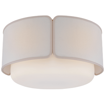 Eyre Large Flush Mount in Soft Brass and Soft White Glass with Linen with Cream Trimmed Shade