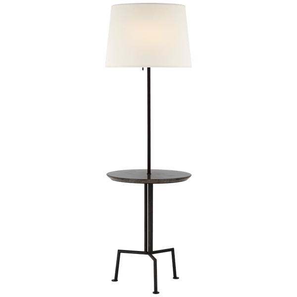 Tavlian Large Tray Table Floor Lamp in Aged Iron and Gray Marble with Linen Shade