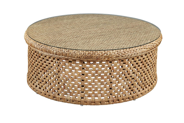 Round Rattan Coffee Table with Glass Top