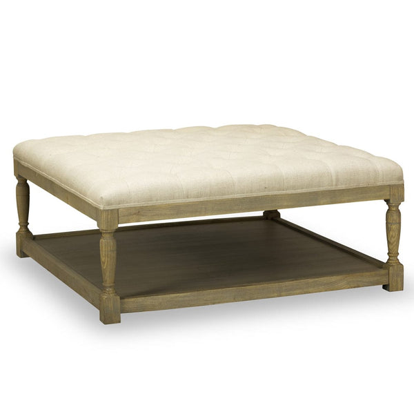 Tufted ottoman in natural linen with natural washed oak finish